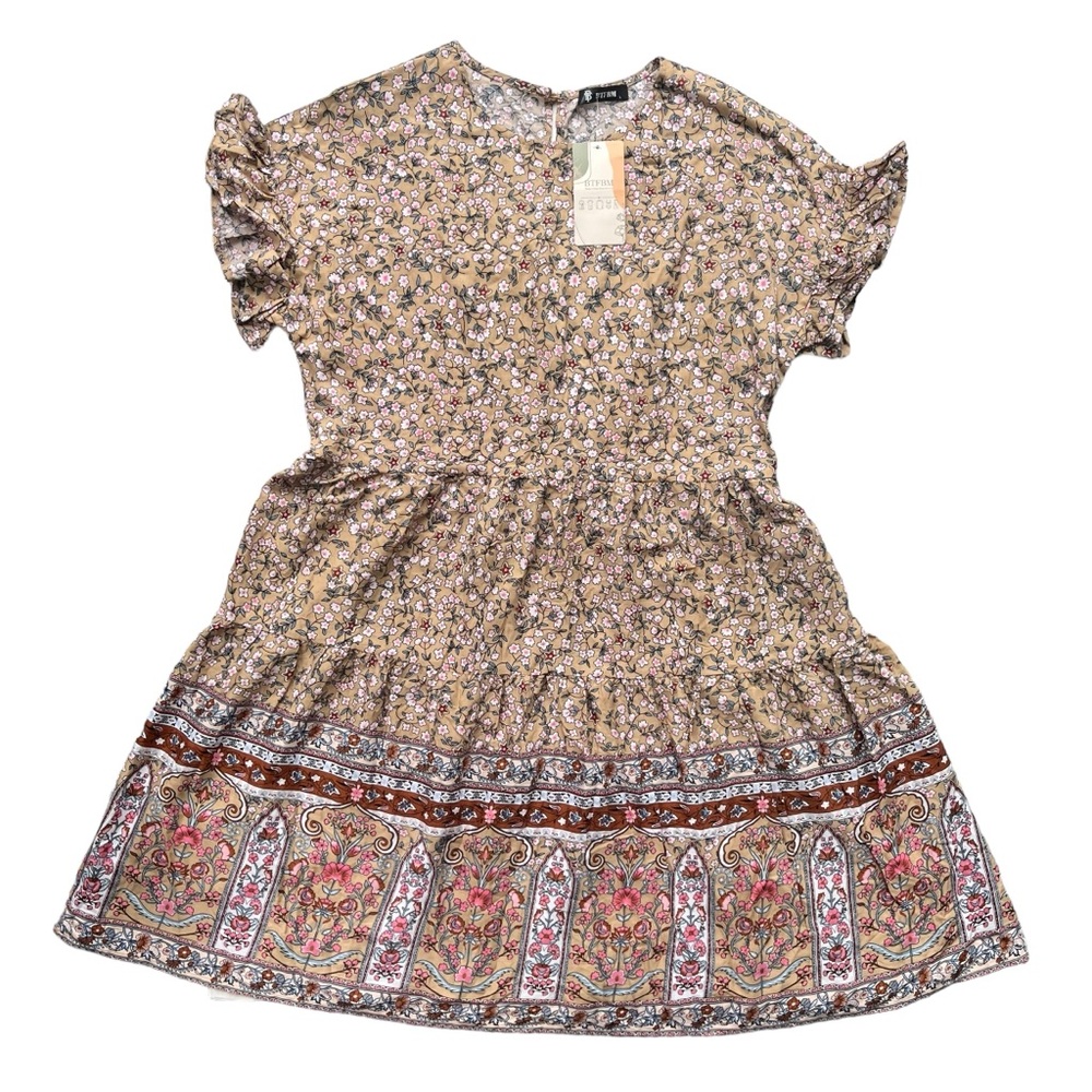BTFBM Womens Large Tan Brown Pink Floral Paisley Short Ruffle Sleeve Flowy Dress